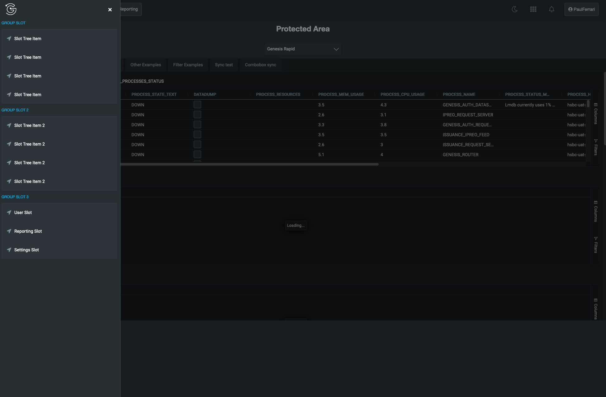 The sidebar included with the header opened with some example content
