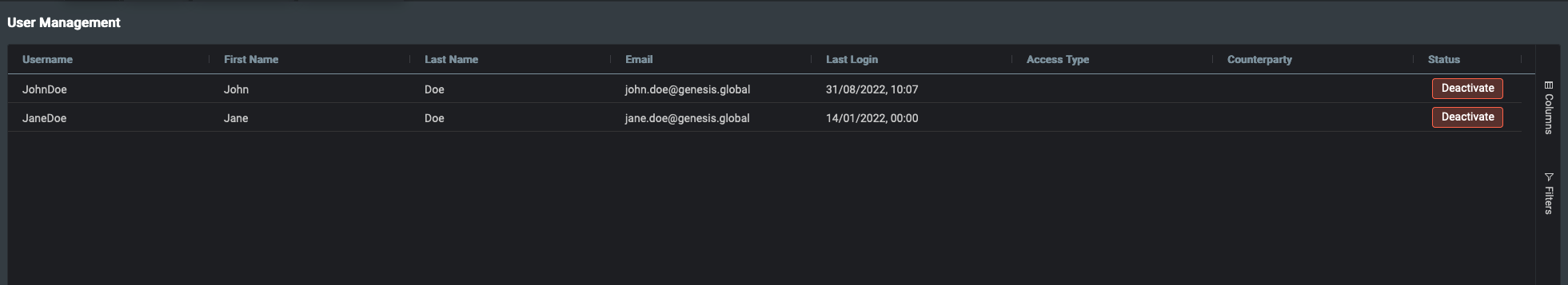 Example user management grid